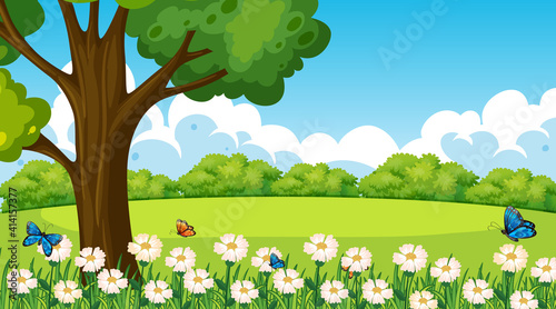 Park outdoor scene with flower field and a big tree