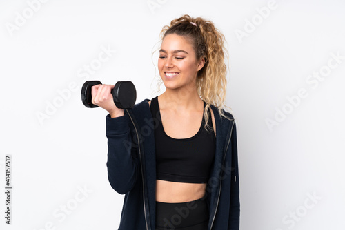 Young sport woman making weightlifting isolated on white background with happy expression
