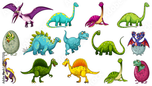 Set of different dinosaur cartoon character isolated on white background