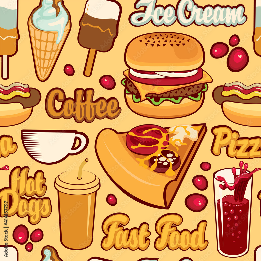 Seamless pattern with drawings and inscriptions in retro style on a yellow backdrop. Vector cartoon background on the theme of fast food with pizza, burger, ice cream, coffee, cola, hot dog Seamless pattern with drawings and inscriptions in retro style on a yellow backdrop. Vector cartoon background on the theme of fast food with pizza, burger, ice cream, coffee, cola, hot dog