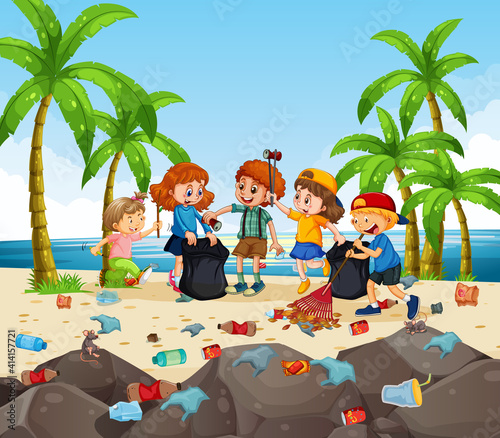 A group of volunteer kids cleaning the beach