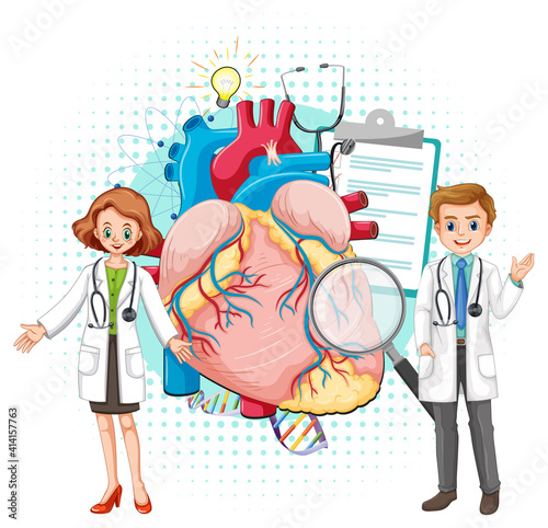 Doctor and human heart on white background
