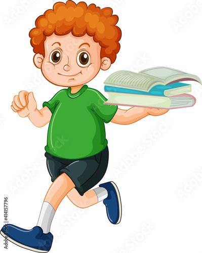 A happy boy holding book cartoon character on white background