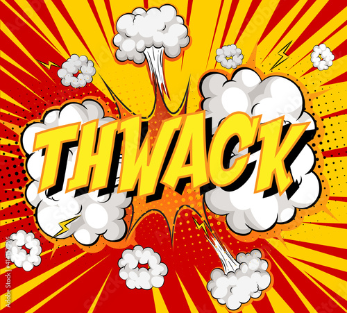 Word Thwack on comic cloud explosion background