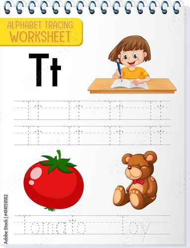 Alphabet tracing worksheet with letter T and t