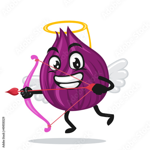 vector illustration of onion mascot or character wearing cupid costume and holding a bow 