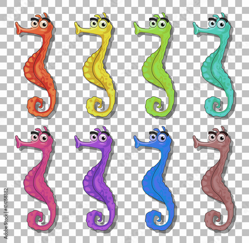 Set of many seahorse cartoon character isolated on transparent background
