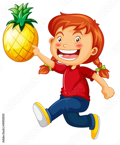 A cute girl holding pineapple cartoon character isolated on white background