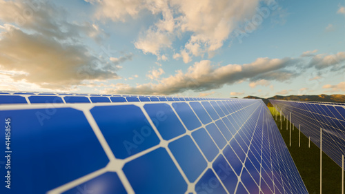 Solar Panels on the Green Fields Under Bright Sun 3d rendering