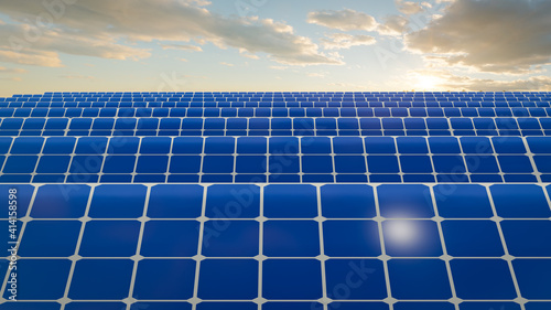 Solar Panels on the Green Fields Under Bright Sun 3d rendering
