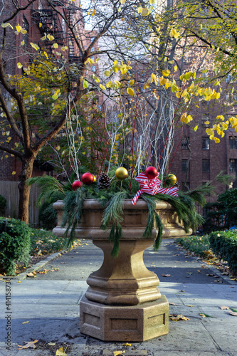 Christmas Holiday Decorations at a Beautiful Urban Park in Midtown East of New York City during Autumn