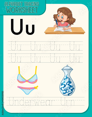 Alphabet tracing worksheet with letter U and u