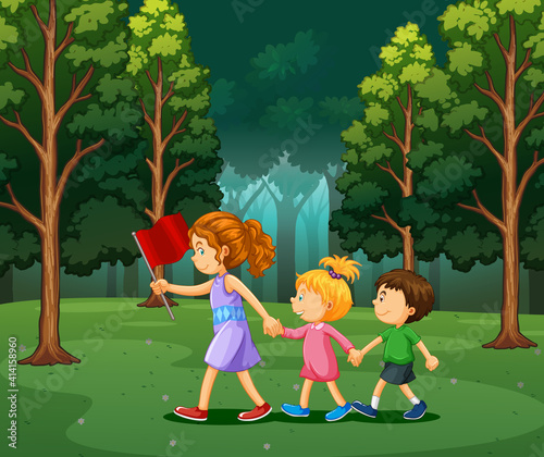 Scene with kids hiking in the forest