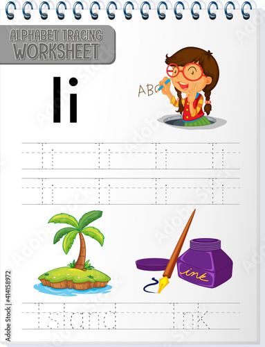 Alphabet tracing worksheet with letter and vocabulary
