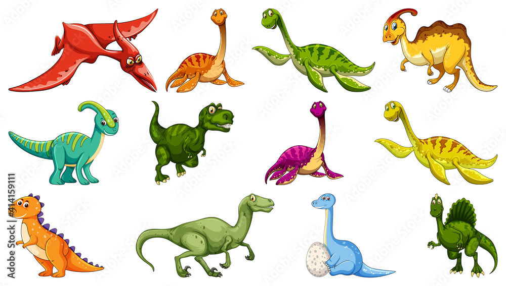Set of different dinosaur cartoon character isolated on white background Set of different dinosaur cartoon character isolated on white background