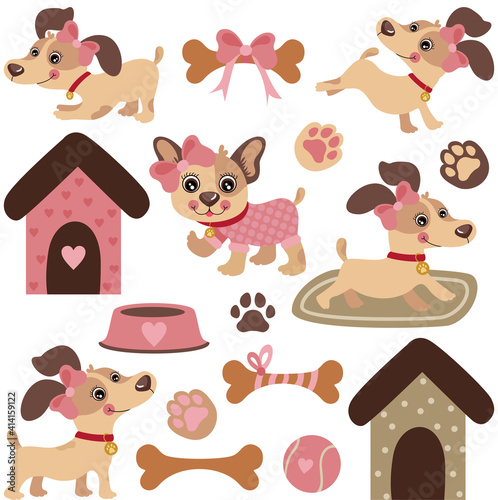 Set digital elements of sweet female puppy dog
