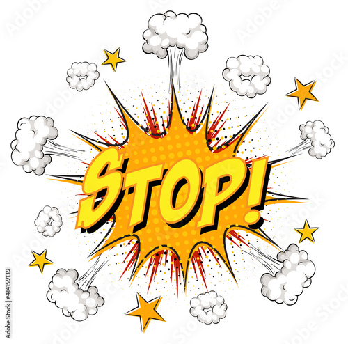 STOP text on comic cloud explosion isolated on white background