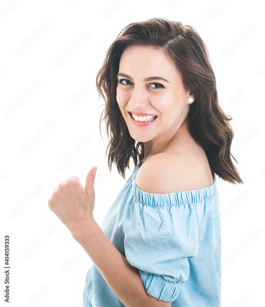 Close up woman with thumbs up, isolated on white background. Like concept. Yes gesturing, sings of good work Close up woman with thumbs up, isolated on white background. Like concept. Yes gesturing, sings of good work