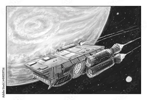 Fototapeta Naklejka Na Ścianę i Meble -  Sci-fi spaceship or spacecraft design, concept art illustration. Space ship or craft flying near planet. Black and white drawing.