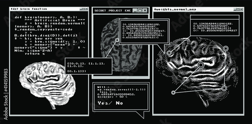 Futuristic sci-fi user interface with research data, Magnetic resonance imaging of the Human brain. HUD UI with callout bar labels, information boxes, digital data charts.