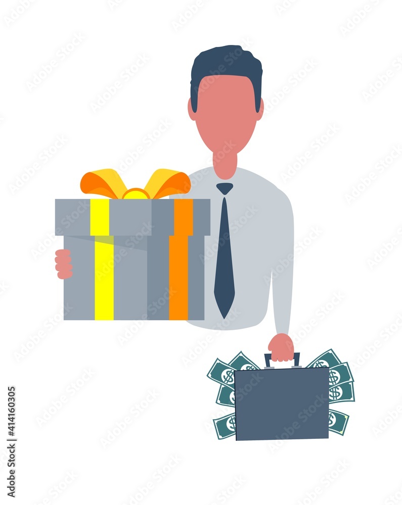 Businessman or clerk holding a suitcase with money and a gift box. Male character in simple style with objects, flat vector illustration. Business concept. Isolated on white background. Businessman or clerk holding a suitcase with money and a gift box. Male character in simple style with objects, flat vector illustration. Business concept. Isolated on white background.