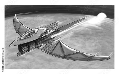Fototapeta Naklejka Na Ścianę i Meble -  Sci-fi spaceship or spacecraft design, concept art illustration. Space ship or craft flying over planet. Black and white drawing.