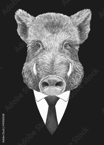 Canvas Print Portrait of Boar in suit. Bodyguard. Hand-drawn illustration.