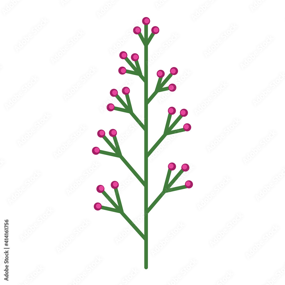 Simple minimalistic bright green branch with pink berries. Flower collection of colorful plants for seasonal decoration . Stylized icons of botany. Stock vector illustration in flat style. Simple minimalistic bright green branch with pink berries. Flower collection of colorful plants for seasonal decoration . Stylized icons of botany. Stock vector illustration in flat style.
