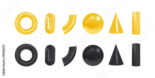 Vector 3d geometric objects. Isolated black and yellow shapes.