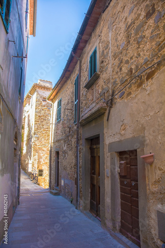 A quiet residential street in the historic medieval village of Scansano  Grosseto Province  Tuscany  Italy 