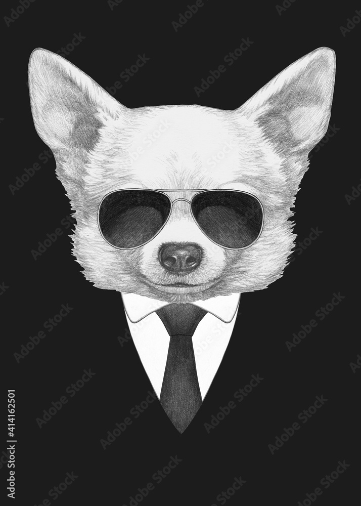 Portrait of Chihuahua in suit and sunglasses. Bodyguard. Hand-drawn illustration. Portrait of Chihuahua in suit and sunglasses. Bodyguard. Hand-drawn illustration.