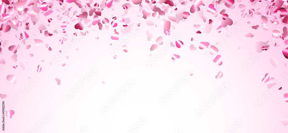 Pink hearts confetti frame on light pink background.