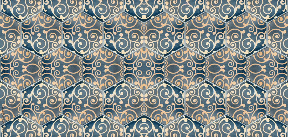 Grunge seamless blue orange hexagonal hexagon masaic tile mirror texture with damask leaves flower print pattern