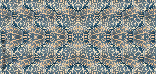 Grunge seamless blue orange hexagonal hexagon masaic tile mirror texture with damask leaves flower print pattern