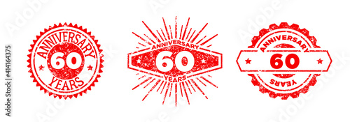 A group of 60 years anniversary logos drawn in the form of stamps, red frames for celebration. Grunge rubber stamp texture. Distressed texture stamp. Collection of postage stamps. Vector round stamps