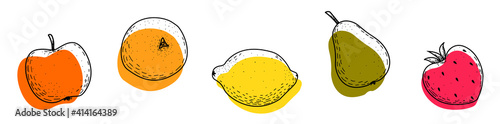 A set of fruit icons on a white background. Apple, orange, lemon, pear, strawberry. Fruit doodles are black with abstract colored shapes. Line drawing style. The objects are isolated. Vector.