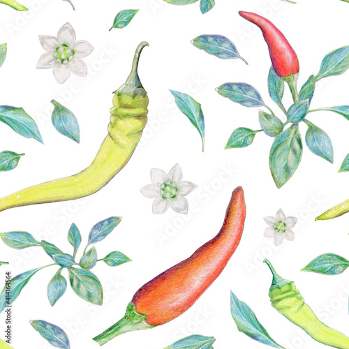 seamless pattern with red and yellow peppers, with leaves and flowers drawn with watercolor pencils. design for wrapping paper, menu, kitchen, restaurant, fabric.