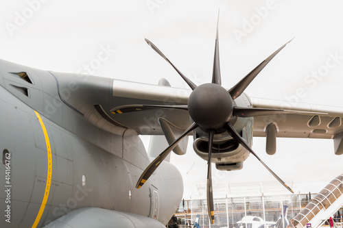 8 bladed propellor on turboprop engine on a military transport aircraft