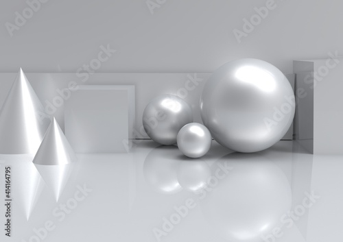 Studio background with geometric objects.Silver geometric shapes.Room for design.3d illustration. 