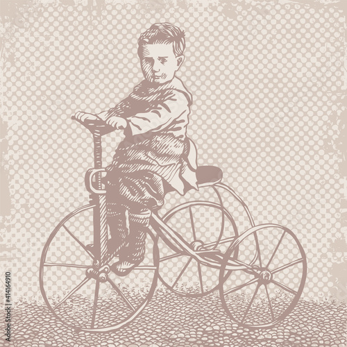 The boy rides an old tricycle. Vintage engraving style, vector illustration. 