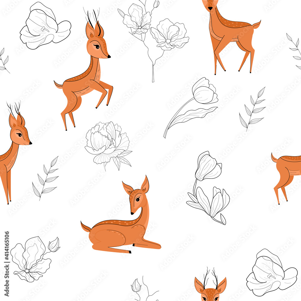 Fototapeta premium Seamless pattern with cute deer and flowers. Spring flowers and cute deer. Botanical flowers. Pattern