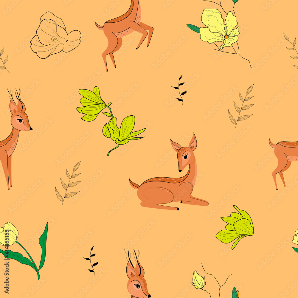 Seamless pattern with cute deer and flowers. Spring flowers and cute deer. Botanical flowers. Pattern