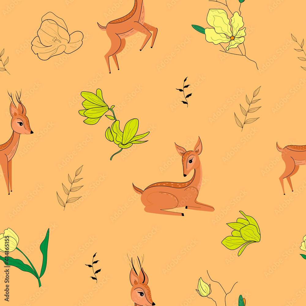 Seamless pattern with cute deer and flowers. Spring flowers and cute deer. Botanical flowers. Pattern Seamless pattern with cute deer and flowers. Spring flowers and cute deer. Botanical flowers. Pattern