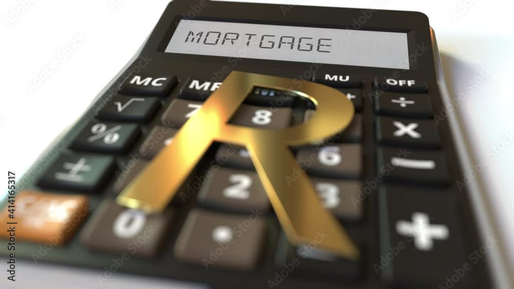 MORTGAGE text on calculator display and rand currency symbol. Conceptual 3d animation MORTGAGE text on calculator display and rand currency symbol. Conceptual 3d animation