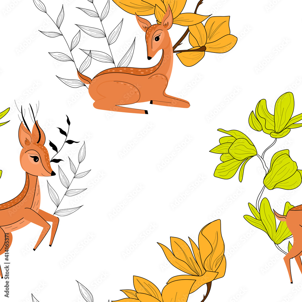 Fototapeta premium Seamless pattern with cute deer and flowers. Spring flowers and cute deer. Botanical flowers. Pattern