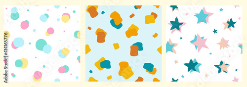 Hand drawn abstract seamless patterns set. Collection of doodle drawings geometric shapes, pastel colors. Circles, stars, spots. Decorations for wrapping paper, baby wallpaper, textiles.