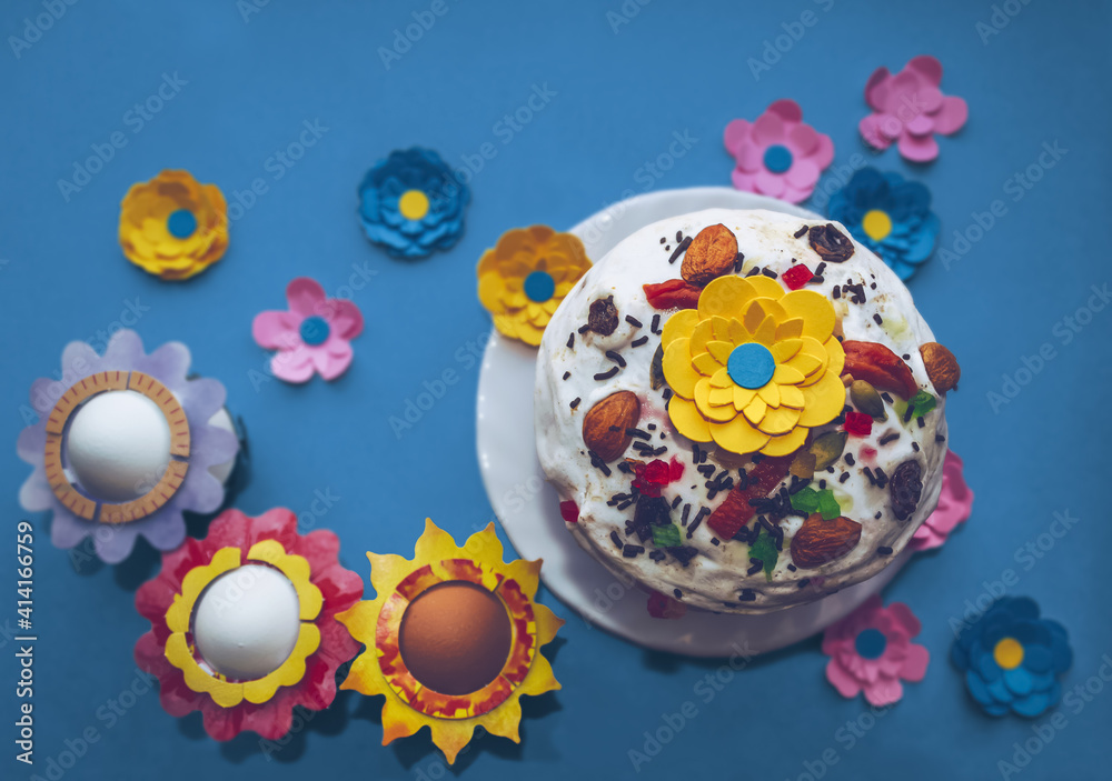 top view of russian easter cake and eggs