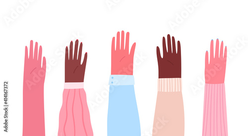 Raised hands of different race and ethnicity isolated on white background. Vector flat cartoon illustration of men and women arms.