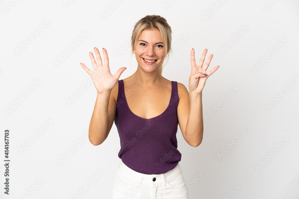 Young Russian woman isolated on white background counting nine with fingers Young Russian woman isolated on white background counting nine with fingers