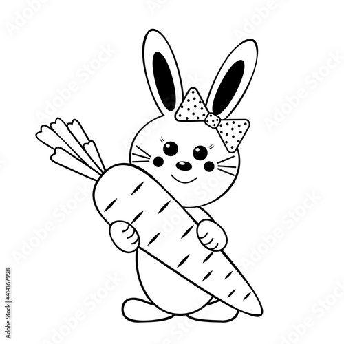 Bunny, children's character, holding a carrot, black outline, vector isolated illustration for the Holy Easter holiday, decor, decoration, print, clip art, paper scrapbooking, coloring